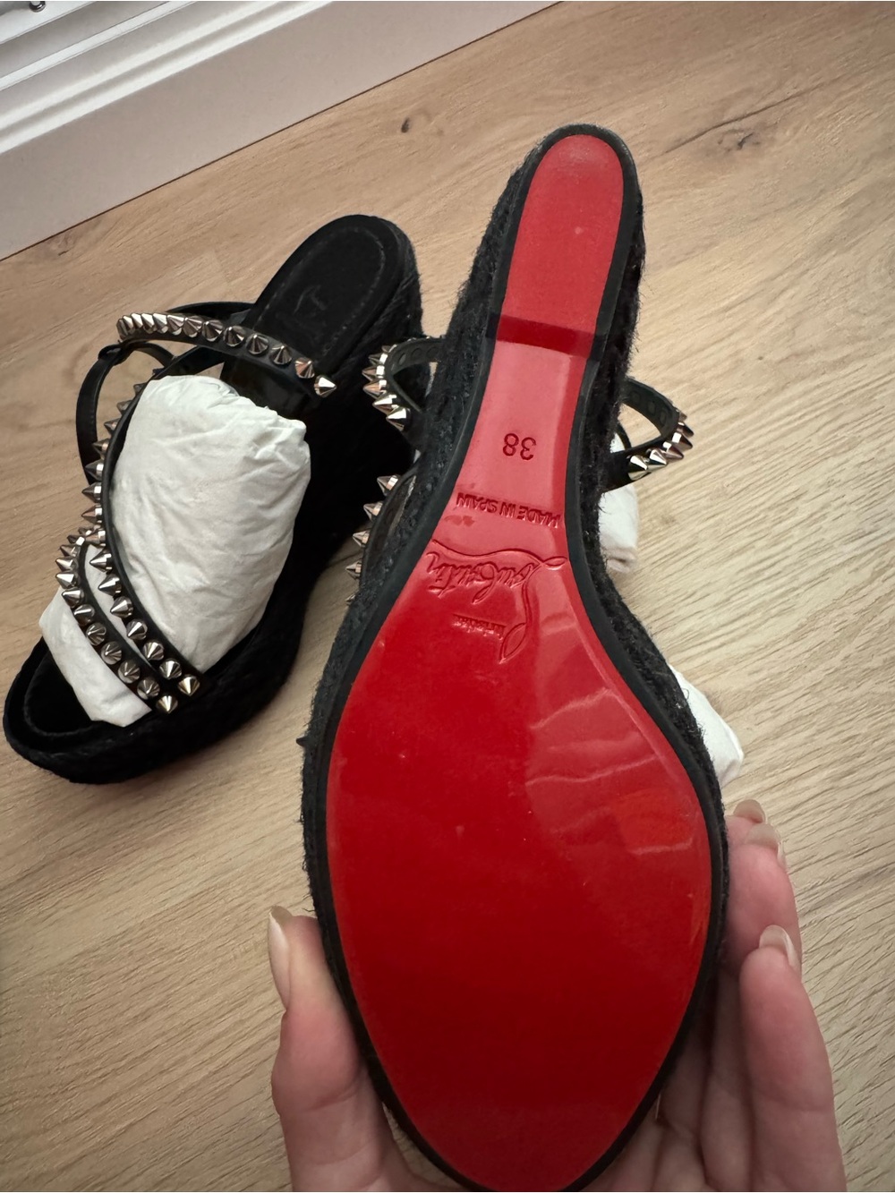 Christian Louboutin Black Studded Espadrille Wedge Sandals - Picture 2 of 2